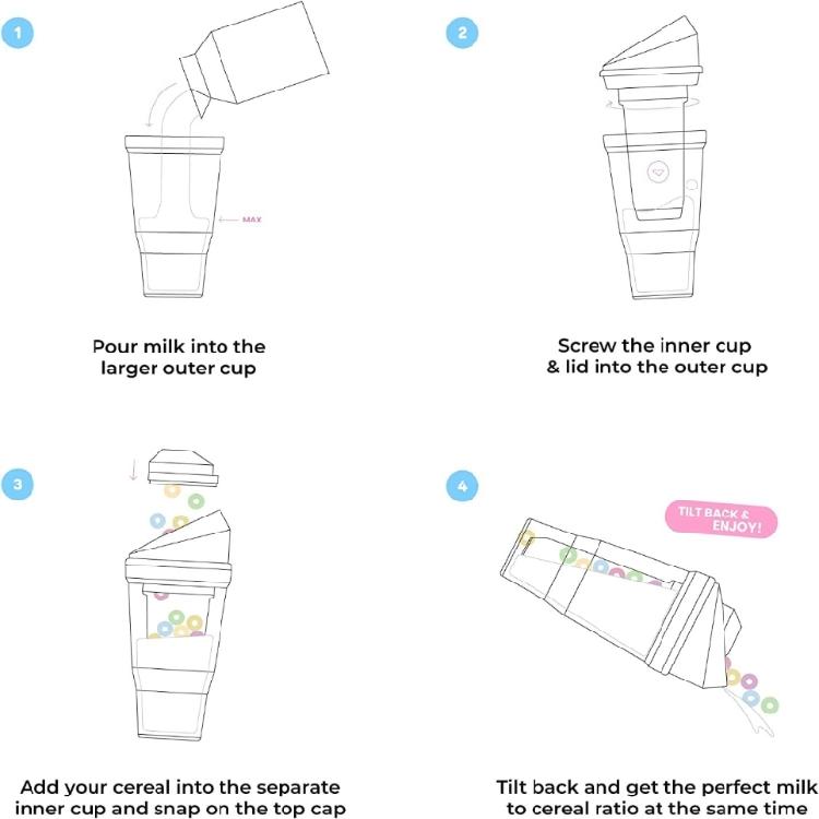 Большая портативная чашка для хлопьев, позволяющая есть хлопья на ходу. Не требует столовых приборов. Многоразовый пластик.