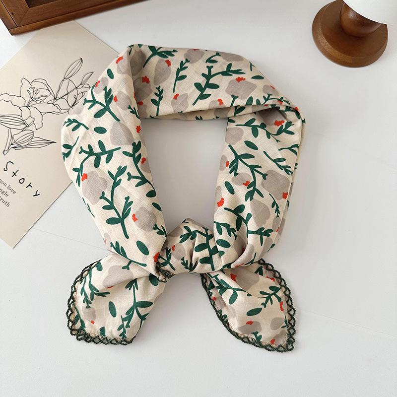 70% Cotton Linen Small Square Silk Scarf - Korean Style Floral Design for Versatile Neckwear and Decorative Use