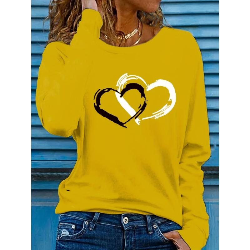 Two heart-shaped printed round neck women's long sleeved T-shirts