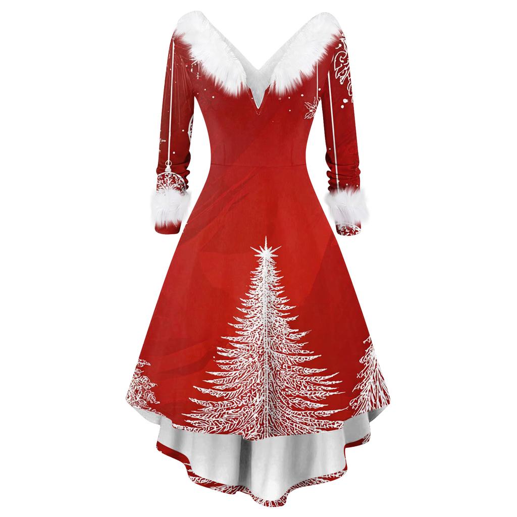 Women's Fashion Casual V-Neck Christmas Print Long Sleeve Dress