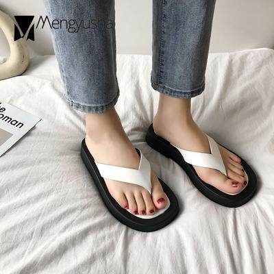 Мода Уличные Вьетнамки с перемычкой между пальцами однотонные женские тапочки пляжная обувь женские слипоны с квадратным носком на высокой подошве корейские zapatos mujer