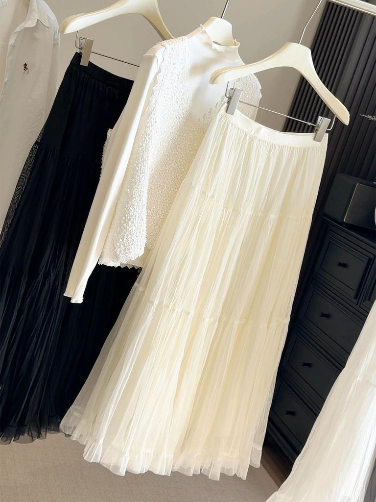French Style High-Waist Midi Skirt: Spring A-Line Pleated Mesh Swing Skirt for Women
