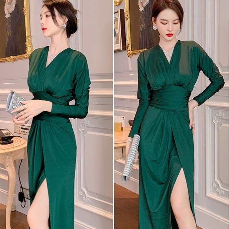 ISLAYCAOLILA DM8 Deep Maxi Dress with Long and a High Perfect for or Party Women's Amélie (Size Small, Green) - Flared, Long, Slit, Wrap-around