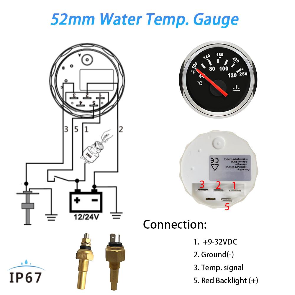 Rhaxel 52mm Water Temperature Meter 40-120℃ Temp Gauge with Backlight 12Volts 24V for Car Truck Vans Yachts RV Vessels