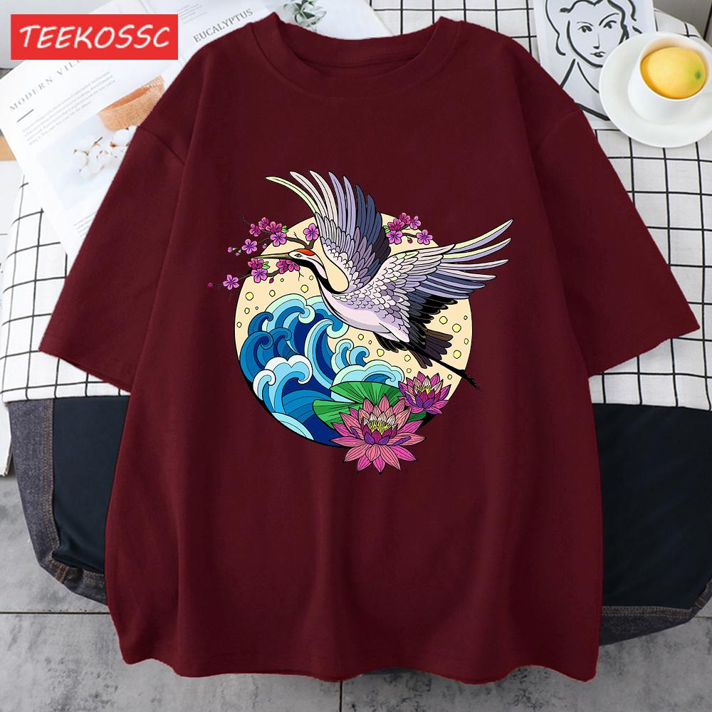 Cranes Enjoy Blooming Flowers Men T Shirts Vintage Fashion Soft Short Sleeve Summer Comfortable TShirt Unisex Cotton Loose Top