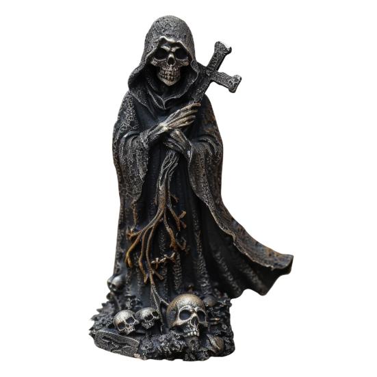 Halloween Black Robe Skeleton Figurine Gothic Cross Skeleton Resin Statue Sculpture Home Office Desktop Bookshelf Decoration Ornament Festival Gift