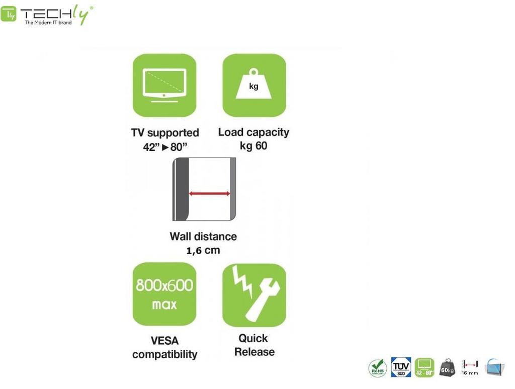 Techly 42"-80" Wall Mount, 60kg Slim