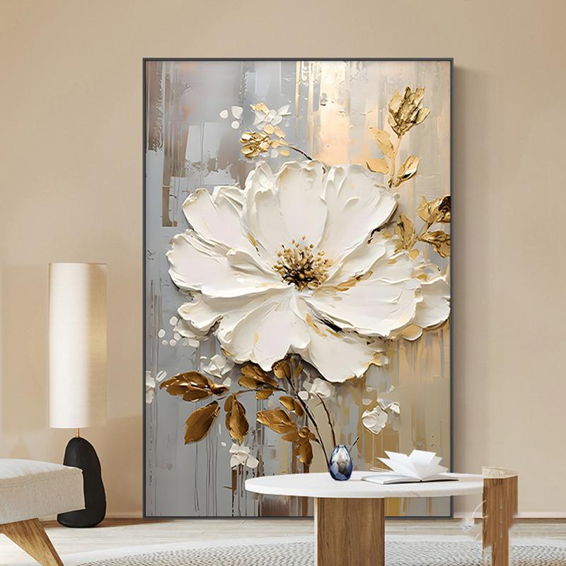 Abstract White Flower Oil Painting Printed On Canvas, Luxury Flower Posters and Prints Floral Wall Art Porch Living Room Decor