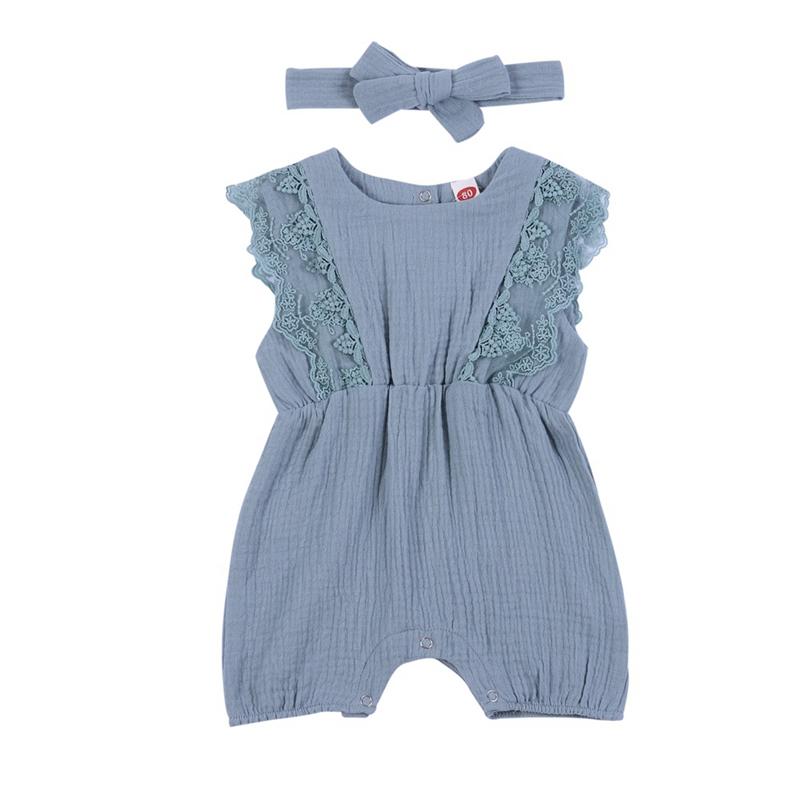 Summer Baby Girl Rompers Baby Solid Lace Design Clothes Linen Ruffles Toddler Flare Sleeve Jumpsuit Headband One-Pieces