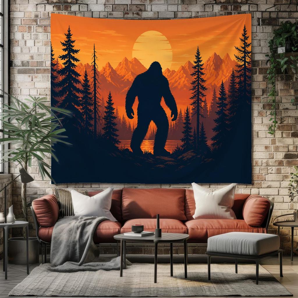 Bigfoot Forest Tapestry Sasquatch Sunset Wall Art Cryptid Mountain Landscape Wall Hanging Cabin Decor