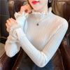Autumn and Winter Semi High Neck Sweater Design Sense Lace Rhinestone Knitted Sweater Pullover Slim Fit Base Top