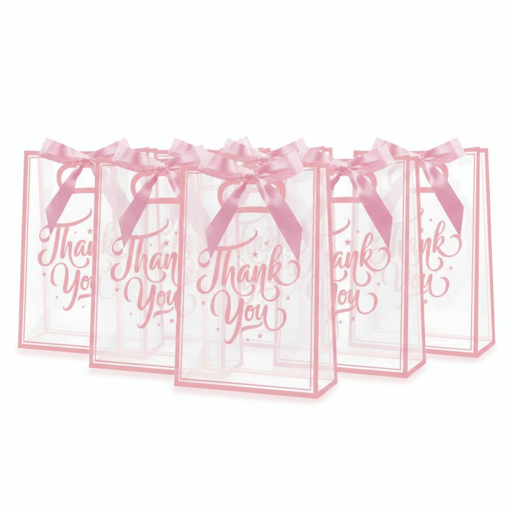 5Pcs Set Reusable Portable Favor Bag PVC Clear Gift Bag Die Cut Handles with Ribbon Flower Bag