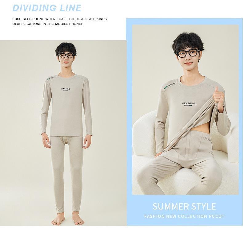 Мужской осенний комплект термобелья: Шерстяной свитер и брюки для студентов-подростков - Теплая смесь хлопка