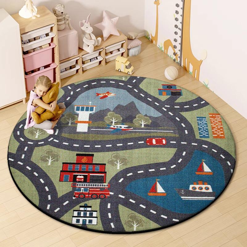 Road Round Mat for Children Cute Cartoon Children Room Area Rug Home Living Room Carpet Non-slip Soft Hanging Basket Chair Mats