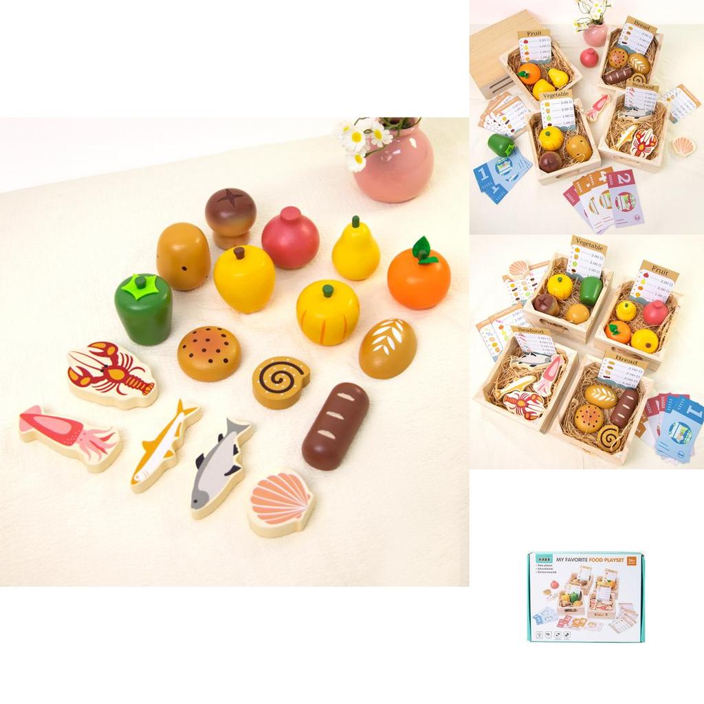 Wooden Simulation Boxed Fruit Bread Sea Food Vegetables Children Toys Set For Kids Imaginative Cooking Fun