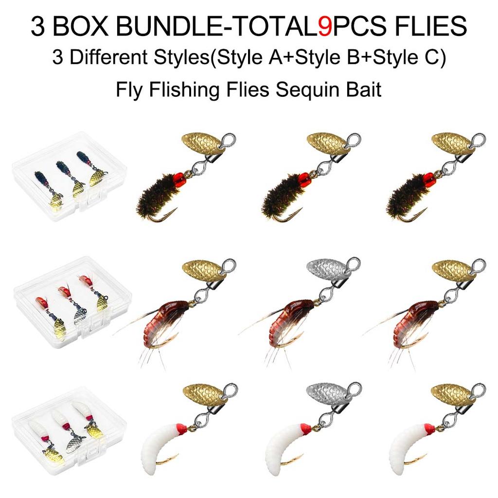 9Pc-3Boxes Bundle Fly Fishing Sequin Bait(3Pc/Box-StylesA+3Pc/Box-StylesB+3Pc/Box-StylesC)Wet Flies Bait for Flishing Trout/carp