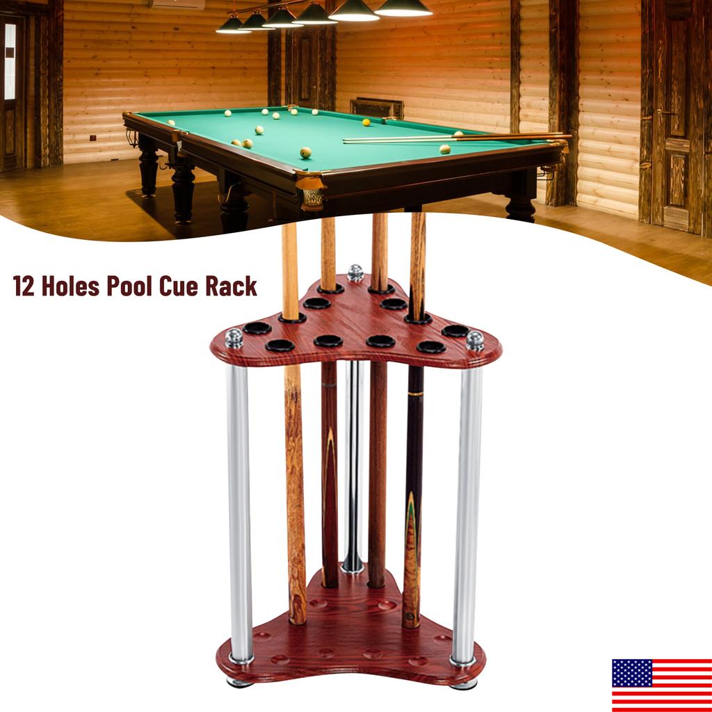 12-Hole Triangle Pool Cue Holder, Floorstanding Corner Stand, Red Modern Design Billiard Cue Rack with 1.37in Diameter Holes