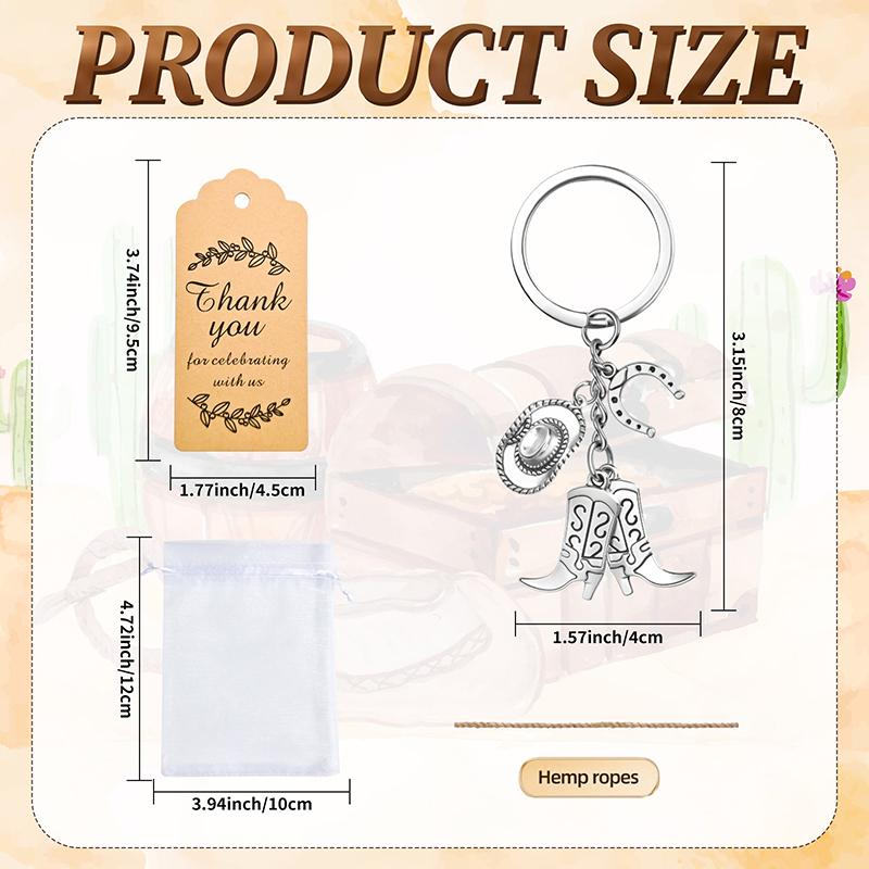 24Set Cowboy Western Party Favors Cowboy Keychain Hat Boot Horse Shoe Keyring With Organza Bags Thank You Tags And Rope