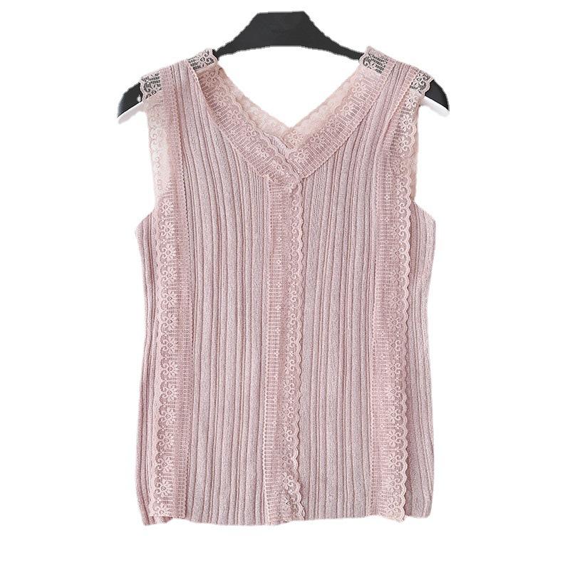 Sweet V-neck Hollow Lace Knit Small Vest Female Korean Version Slim-fit Outside Wear Inside Sleeveless Blouse Base Small Shirt
