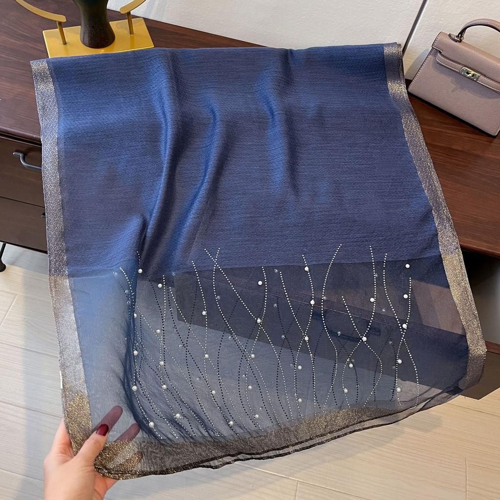 New Fashion and Versatile Solid Color Ethnic Style Veil Scarf Scarf for Women Wavy Pattern Artificial Diamond Iron Scarf for Women