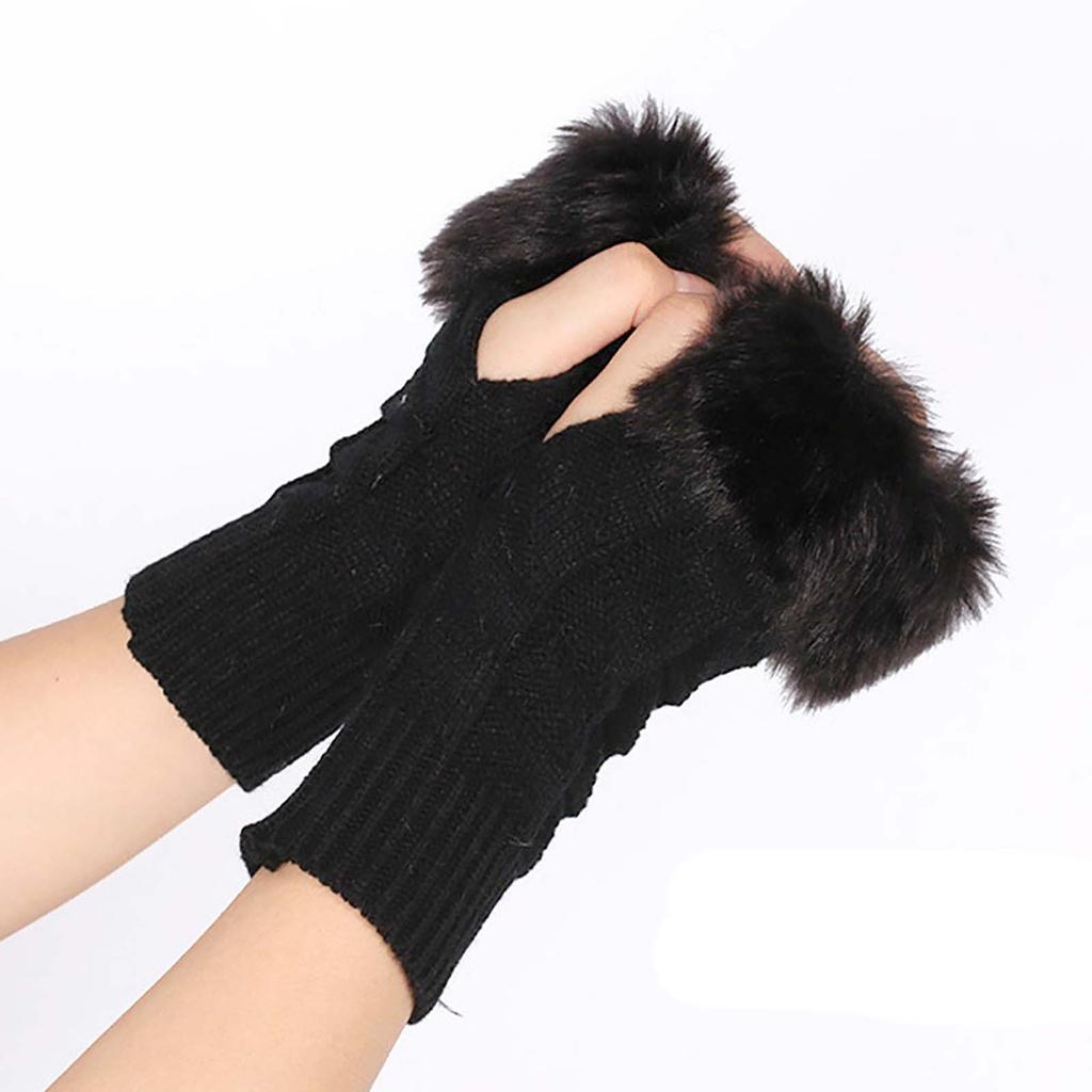 Autumn/winter Medium Length Knitted Gloves Half Finger Computer Gloves Warm Imitation Rabbit  Gloves