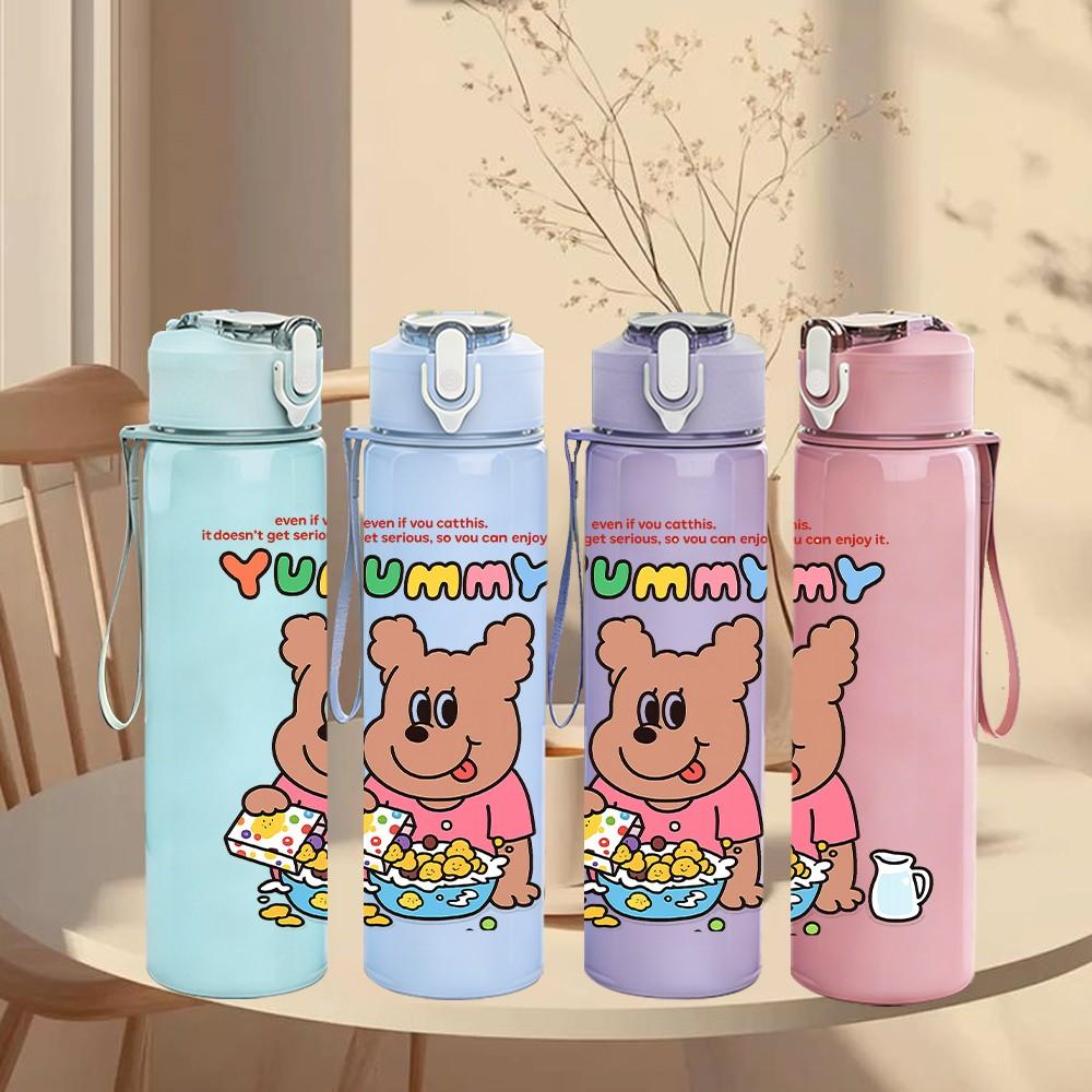 1PC Bear Cartoon Text Design 750ml Color Plastic Sports Water Bottle Leakproof Flip Straw Lid Suitable for Sports Office Home Use