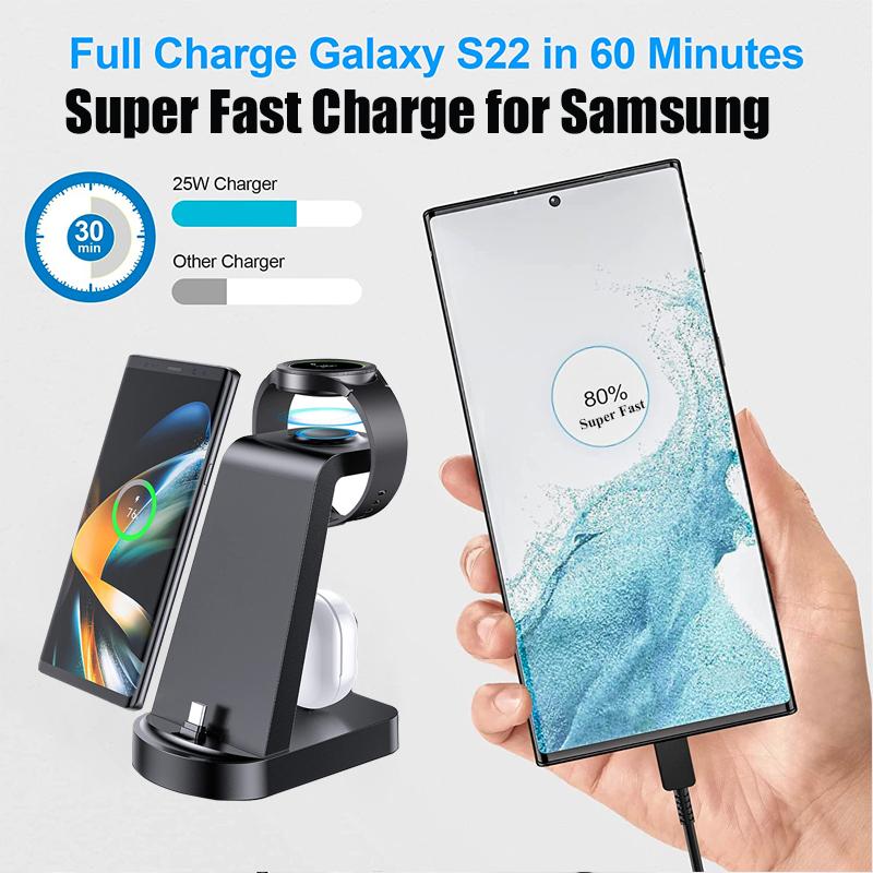 25 Вт сверхбыстрое беспроводное зарядное устройство 3 в 1 для Samsung S24 S23 Ultra S22 S21 S20 Galaxy 5 4 3 Active Watch Earbuds зарядная станция