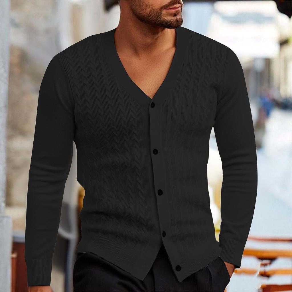 Мужской кардиган, повседневный свитер с длинным рукавом, V-образный вырез, застегивающийся на пуговицы, вязаный косами, текстурированная осенне-зимняя одежда