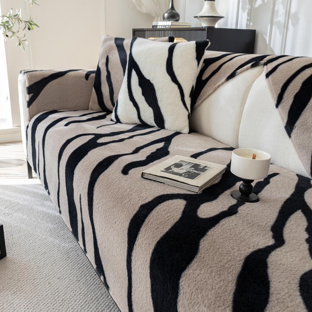Bunny Cashmere Zebra Pattern Sofa Cushion Autumn and Winter Light Luxury Leather Sofa Cushion Non-Slip New Winter Plush Sofa Cover Cloth