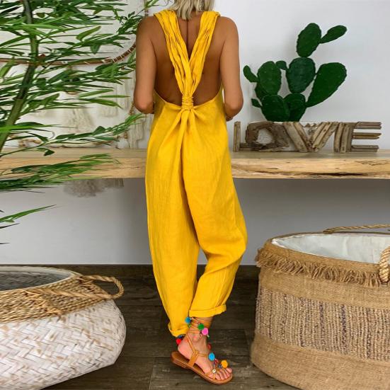 YW женский однотонный комбинезон с нагрудником без рукавов и открытой спиной, комбинезон с узлом, комбинезон