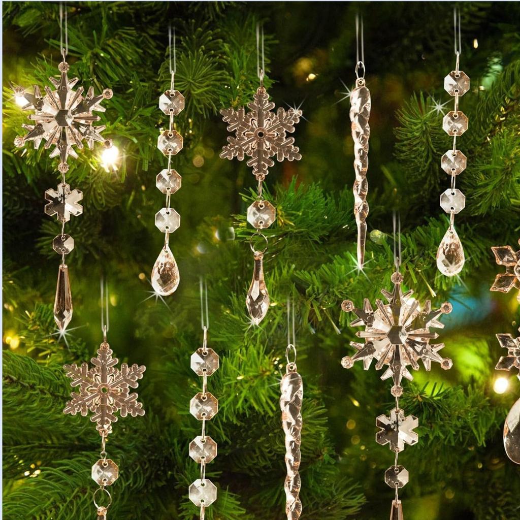 10pcs Crystal Christmas Ornaments for Tree Decorations-Hanging Acrylic Snowflake Icicle Ornaments with Drop Pendants for Winter Wonderland Chandelier
