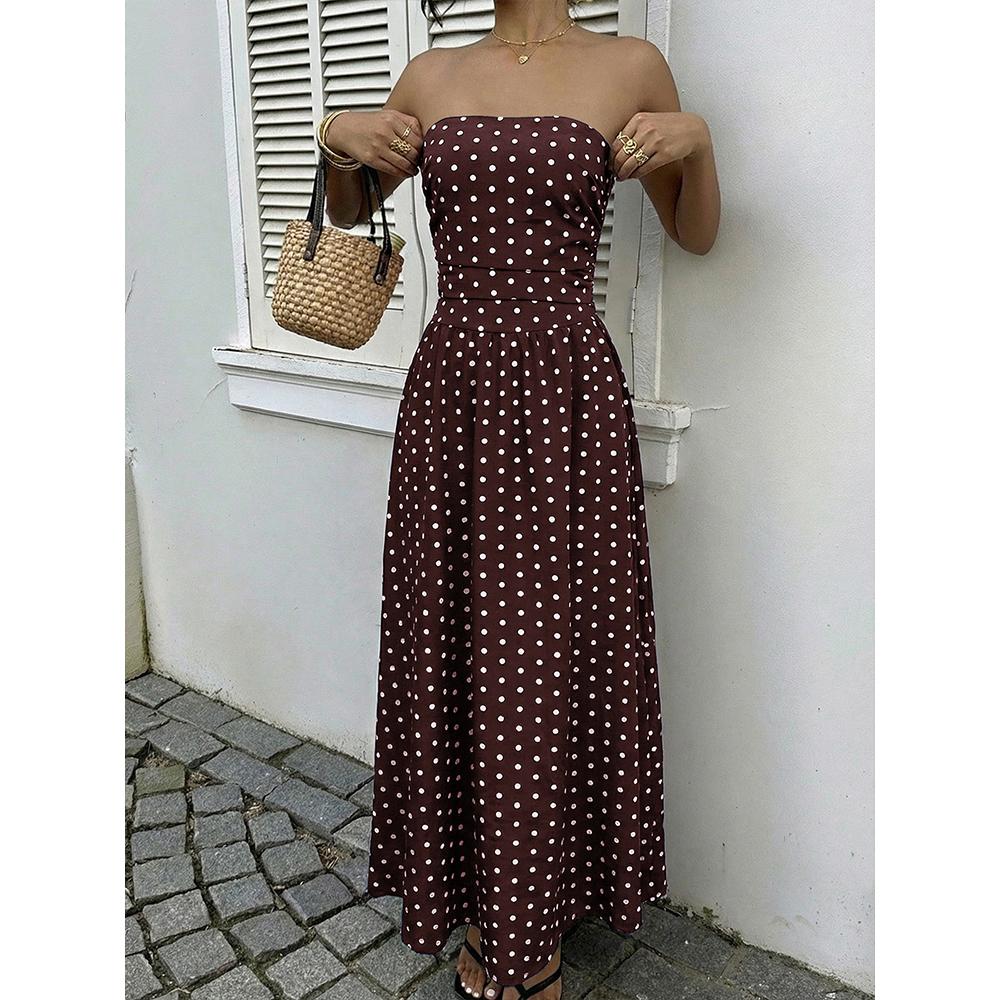 Womens Polka Dots Strapless Summer Dresses, Elastic Back Smocked Beach Vacation Outfits Vintage Elegant Maxi Dress