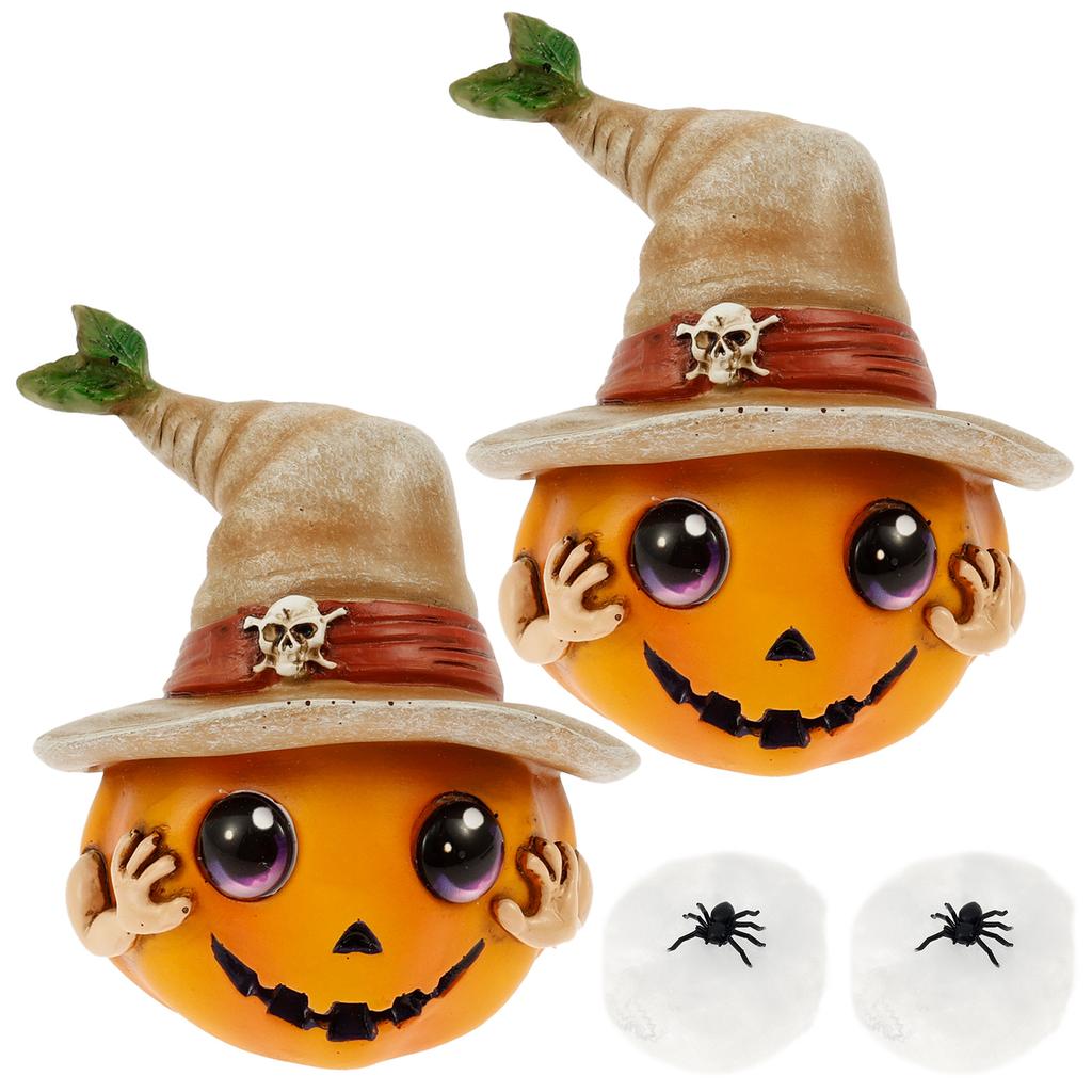 2Pcs Halloween Pumpkin Resin Figurine Horror Hat Ghost Craft Home Decoration Pumpkin Garden Statue for Home Living Room Outdoor