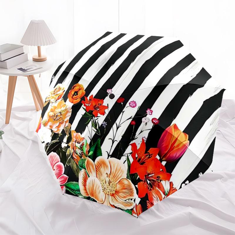 1pc Striped Floral Pattern Umbrella with Plastic Handle,Suitable for All Seasons Home Travel Outdoor UmbrellaDD1641