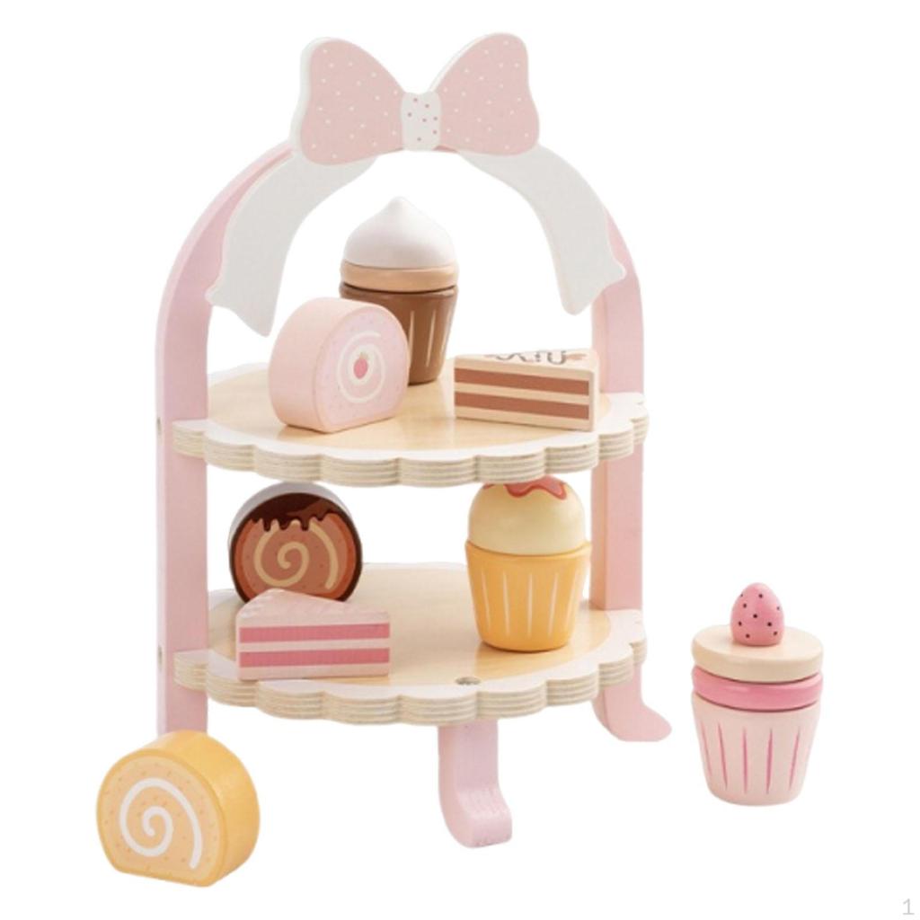 Children's Wood Dessert Cake Stand Set with Assorted Cakes for Little Girls 25×19.3cm Accessory