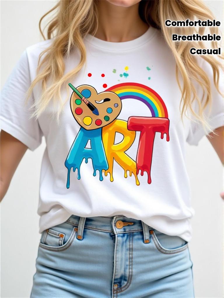 WomenS Art-Themed T-Shirt with Rainbow Paintbrush & Heart Design - Vibrant Colorful Lettering & Paint Splatter Print Soft Breathable Fabric