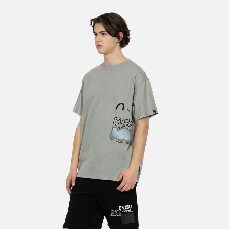 Evisu Черная футболка с коротким рукавом Kuro SS24 с узором «Чайка» и товарным знаком Мужские топы Светло-серый 2ESGNM4TS5228RXCT