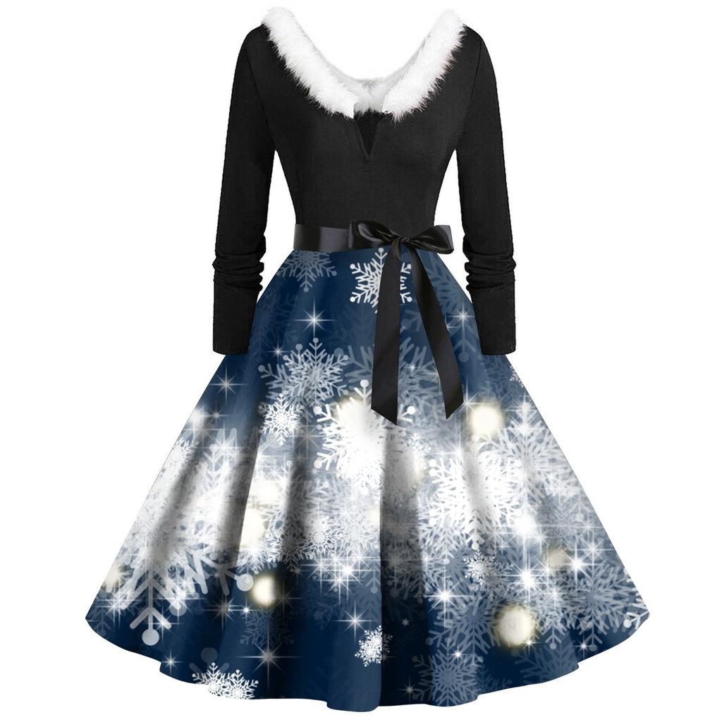 Женское винтажное платье с длинным рукавом и рождественским принтом в стиле 1950-х годов для вечеринки, выпускного вечера, для домохозяйки