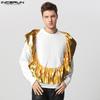Men Round Neck Long Sleeve Shiny Finish Ruffled Patchwork Loose T-shirts