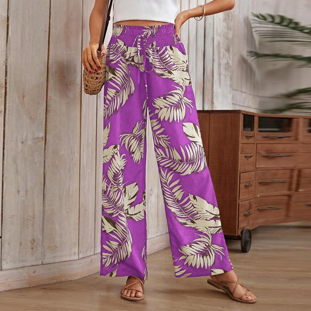 Women's Printed Wide Leg Pants With Pockets High Waist Drawstring Loose Casual Pants