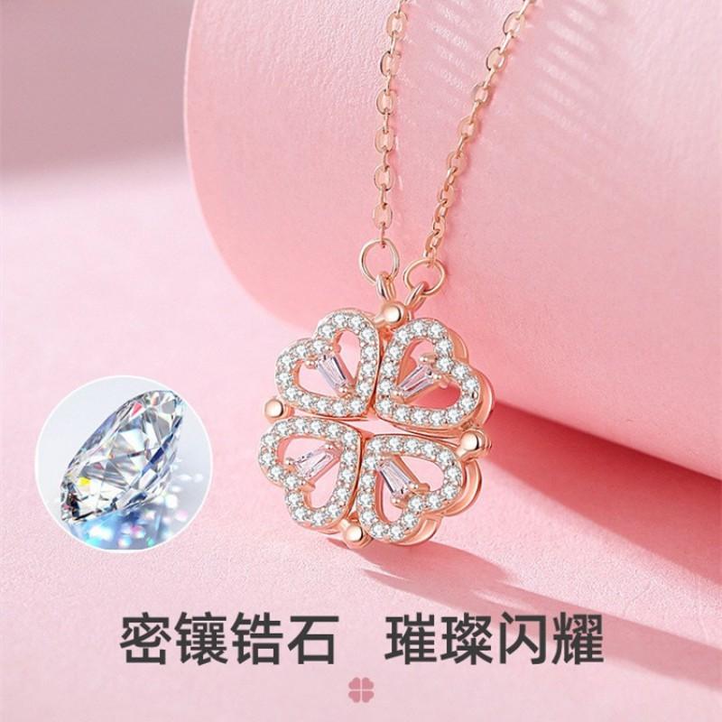 Sterling Heart Pendant Necklace With Clover Zircon Charm Magnetic Clasp Women Fashion OL Jewelry
