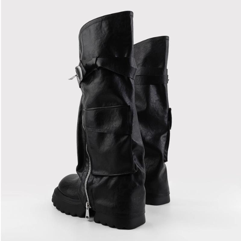 Black Thick-soled Pocket Trouser Boots Women's Winter 2025 New Fried Street V-mouth Fashion Boots Women's Thin Knight Boots
