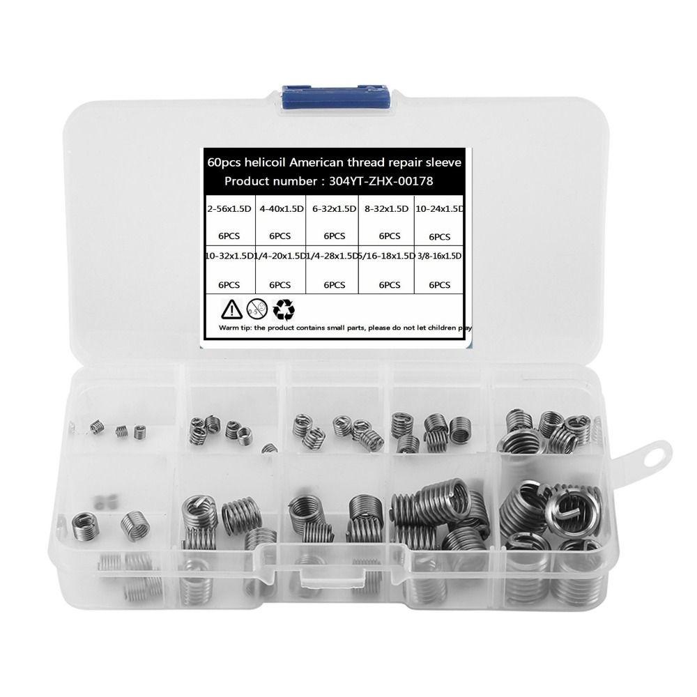 60Pcs 304 Stainless Steel Thread Repair Insert Kit With Storage Case / Plastic Box Steel Sheath Wire Screw Sleeve Kit