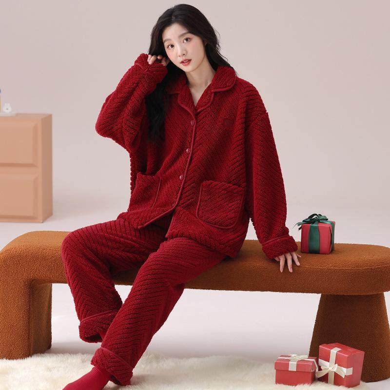 Red Pajamas Women'S Autumn And Winter Flannel Coral Fleece Pajamas Men'S Festive Wedding Couple New Set