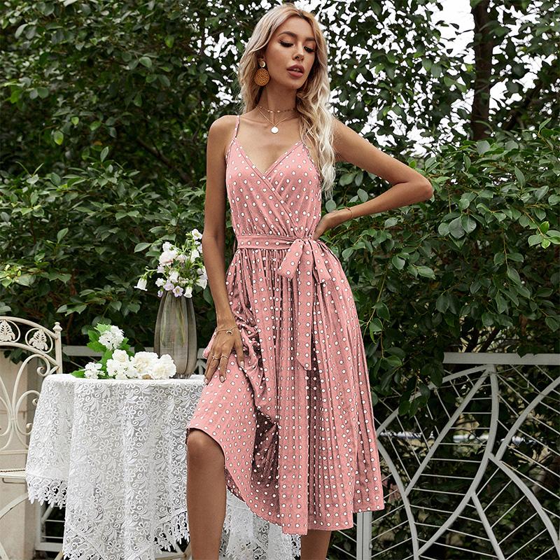 Женская мода, лето-весна, повседневные платья без рукавов с принтом в горошек, подтяжки с v-образным вырезом и высокой талией