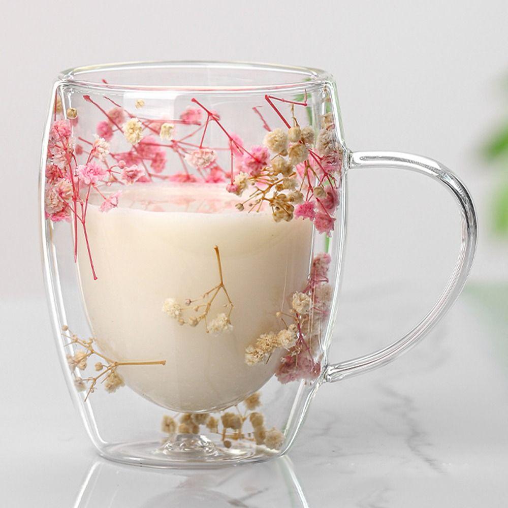 Heat Resistant Dried Flowers Glass Mugs 350ml Flower Cup Simple Coffee Mug  Home&Office
