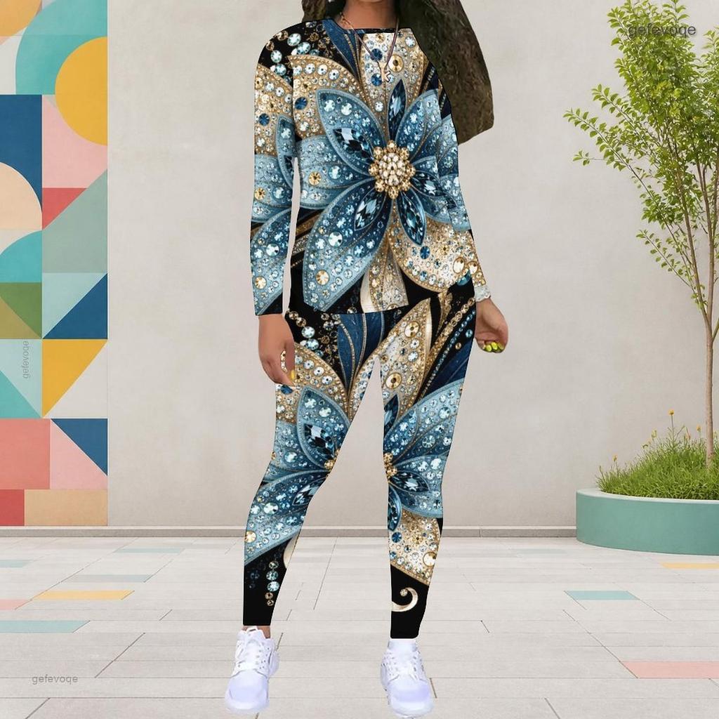 Women Plus Size Two Piece Set Round Neck Long Sleeve Black Gold Printed Top Fitted Pants