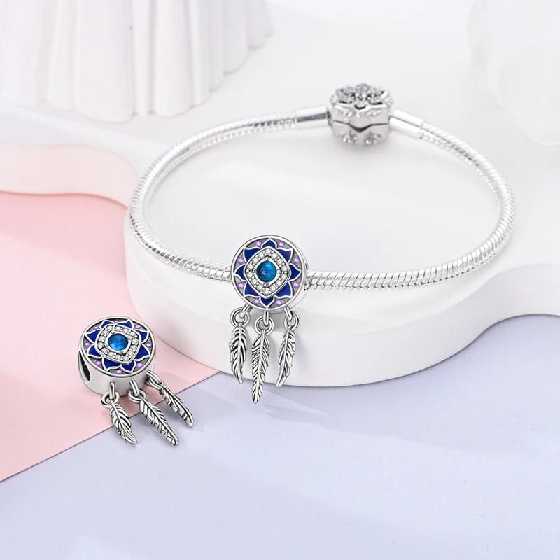 Шарм-бусины Шармы Медь Покрытие Синий Цветок Ловец Снов, Бусины-Перья Совместимы С Оригинальными Идеально Для Женских Украшений Сделай Сам Изготовление