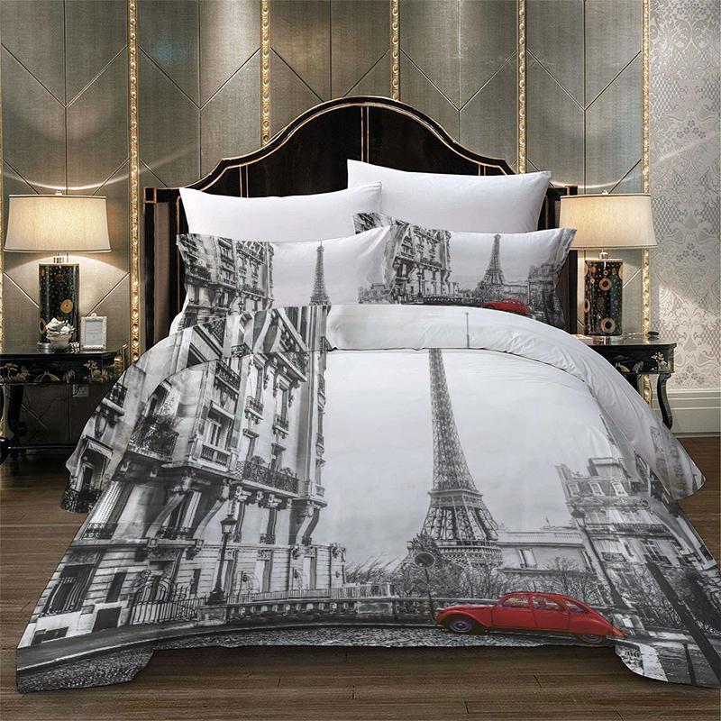 Novelty Gift Paris Tower Red Automotive Print Polyester Bedding Set Romantic London City Quilt Duvet Cover+Pillowcase 2/3pcs
