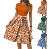 Women's Fashionable Retro Patterned Printing Color Blocked Belt Casual Dress
